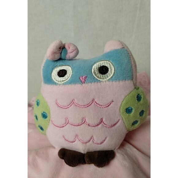 2013 Babies R Us Pink Owl Plush Security Blanket Lovey Pink Eyelet Trim 14" Soft - Picture 2 of 3